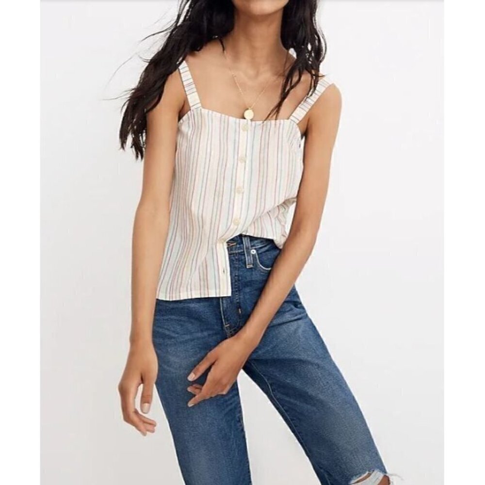 Madewell Top Womens Medium Button Front Cami Tank Textural Rainbow Stripe Boho